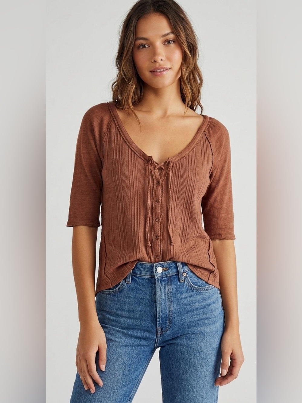 Free People Brown Ribbed Henley Tee Short Sleeve Lace Up V-Neck Top Size M Boho